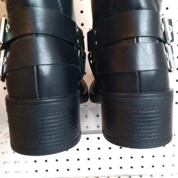 Women's 12.5" Knee High Moto Boots Buckle Strap Gothic Low Chunky Platform Black - Picture 9 of 10